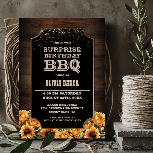 Invitation Bois rustique Floral Surprise Anniversaire BBQ