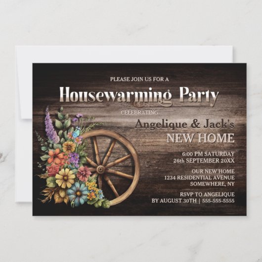 Invitation Bois rustique Floral Wagon Roue Fête de réchauffem (Devant)