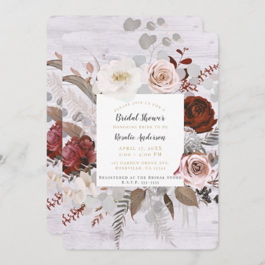 Invitation Bois rustique Flores Blush Gris Fête des mariées (Devant / Derrière)