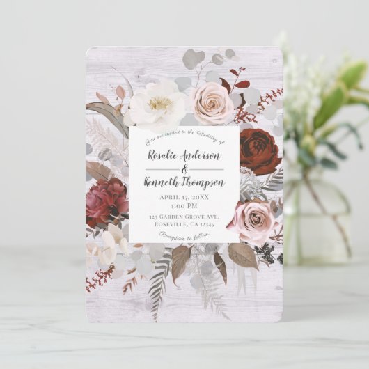 Invitation Bois rustique Flores Blush Gris Rouge Mariage (Debout devant)