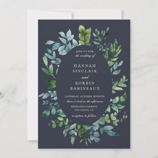 Invitation Bois rustique Frame ovale Mariage bleu marine (Devant)