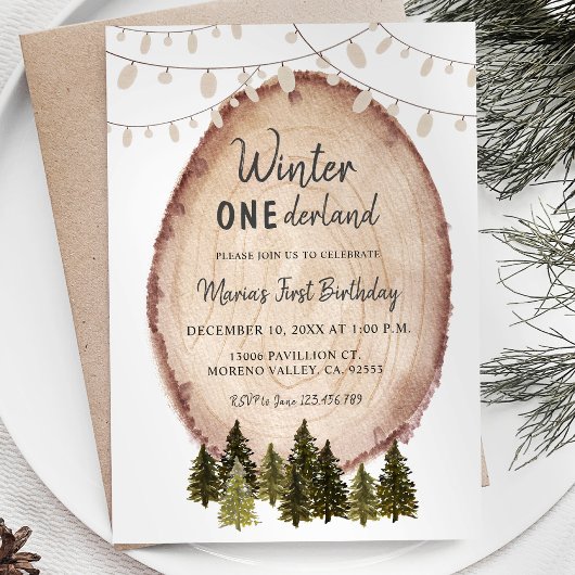 Invitation Bois rustique Hiver Onederland Anniversaire