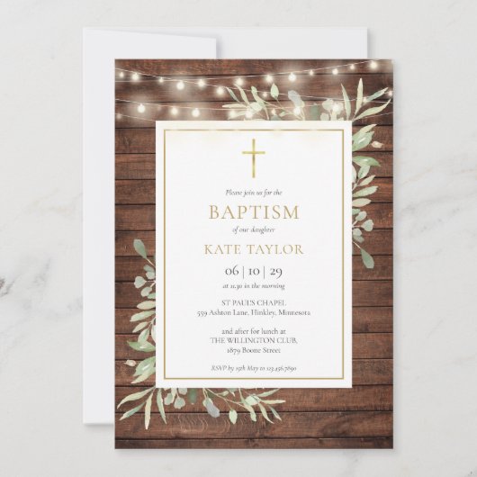 Invitation Bois rustique illumine verdure Baptême Christening (Devant)