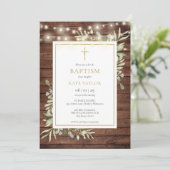 Invitation Bois rustique illumine verdure Baptême Christening (Debout devant)
