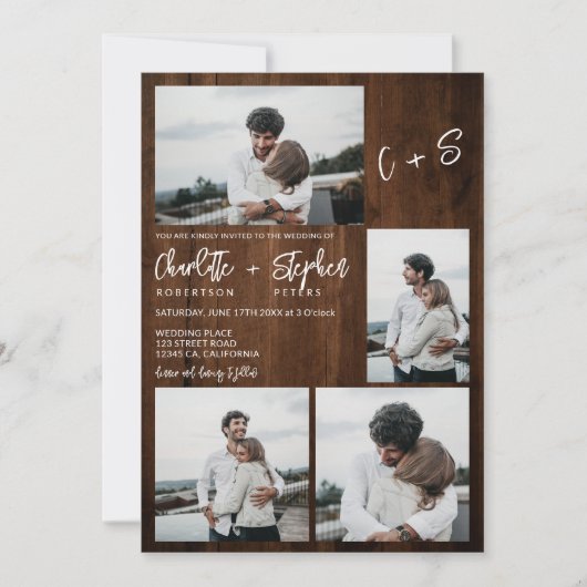 Invitation Bois rustique initiales décontractées 5 photos mar (Devant)