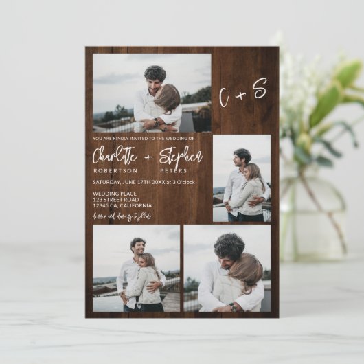 Invitation Bois rustique initiales décontractées 5 photos mar (Debout devant)