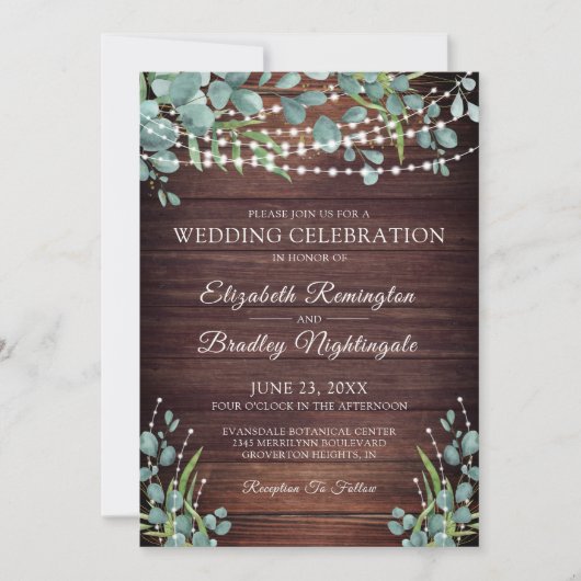 Invitation Bois rustique Lumières de verdure Mariage Célébrat (Devant)