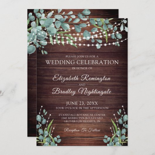 Invitation Bois rustique Lumières de verdure Mariage Célébrat (Devant / Derrière)
