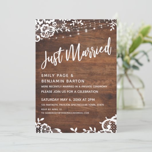 Invitation Bois Rustique, Lumières & Dentelle Jeune Mariée Ty (Debout devant)