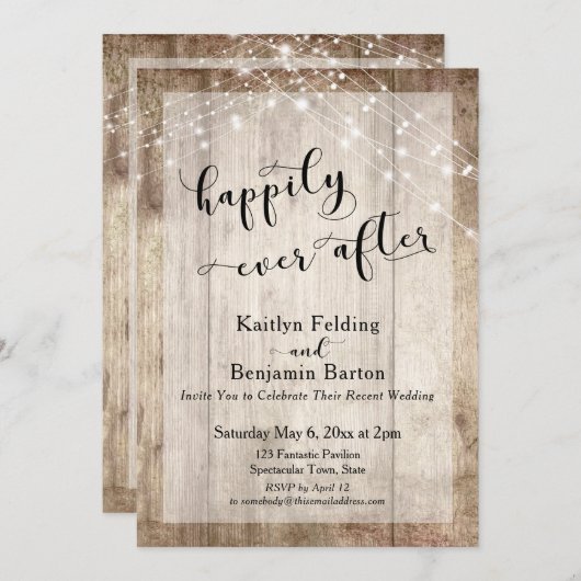 Invitation Bois rustique & Lumières Heureusement Jamais Après (Devant / Derrière)