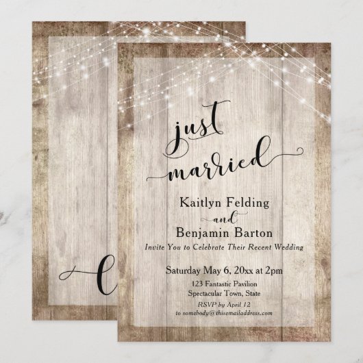 Invitation Bois rustique & Lumières, Mariés à peine, Réceptio (Devant / Derrière)