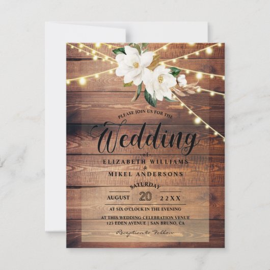 Invitation Bois rustique Lumières String & Floral mariage bla (Devant)