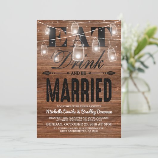 Invitation Bois rustique Manger Boire et être marié Mariage (Debout devant)