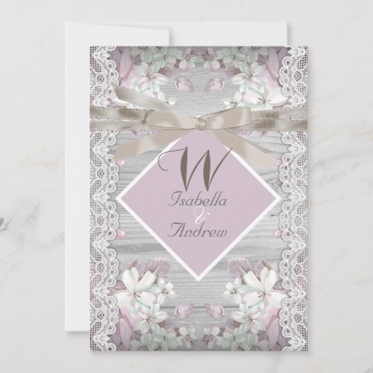 Invitation Bois rustique Mariage blanc dentelle rose (Devant)