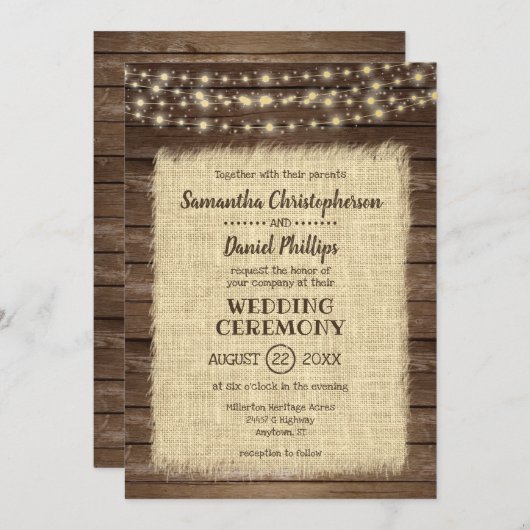 Invitation Bois rustique, Mariage de luminaires Burlap & Stri (Devant / Derrière)