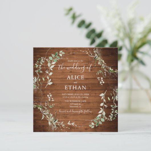 Invitation Bois Rustique Mariage de script de verdure (Debout devant)
