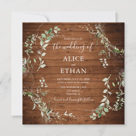Invitation Bois Rustique Mariage de script de verdure (Devant)