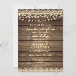 Invitation Bois rustique Mariage dentelle et lumières