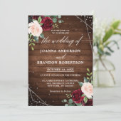 Invitation Bois rustique Mariage floral bordeaux géométrique (Debout devant)