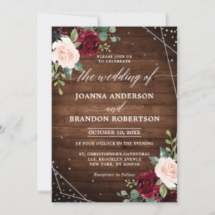 Invitation Bois rustique Mariage floral bordeaux géométrique