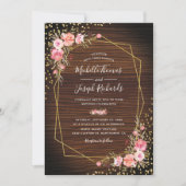 Invitation Bois rustique Mariage floral géométrique rose or (Devant)