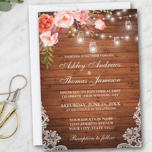 Invitation Bois rustique Mariage Lumières Jarres dentelle Cor