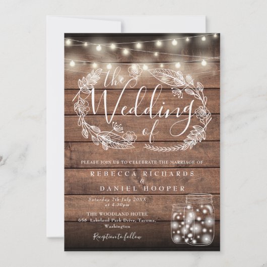 Invitation Bois rustique Mason Jar Éclairage Script Mariage (Devant)
