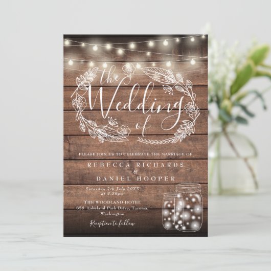 Invitation Bois rustique Mason Jar Éclairage Script Mariage (Debout devant)