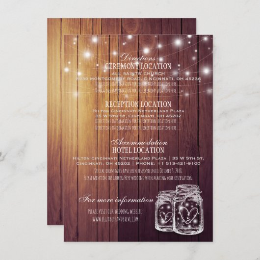 Invitation Bois rustique Mason Jar String Lumières Mariage Dé (Devant / Derrière)