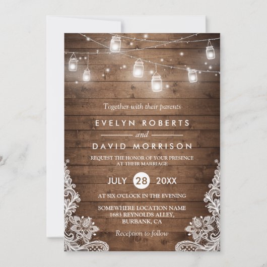 Invitation Bois Rustique Mason Jarres String Lights Mariage d (Devant)