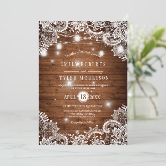 Invitation Bois Rustique Mason Jarres String Lights Mariage d (Debout devant)