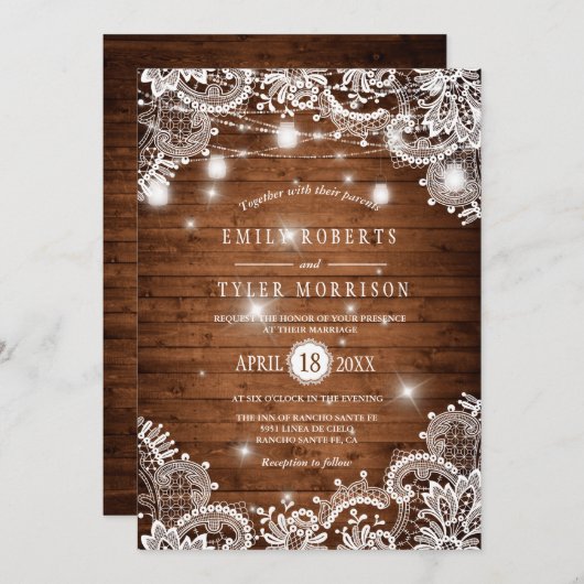 Invitation Bois Rustique Mason Jarres String Lights Mariage d (Devant / Derrière)