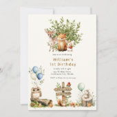 Invitation Bois rustique mignon Bébé animaux premier annivers (Devant)