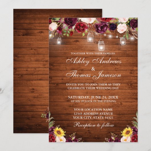 Invitation Bois rustique Mixte Floral Jar Lumières Mariage (Devant / Derrière)