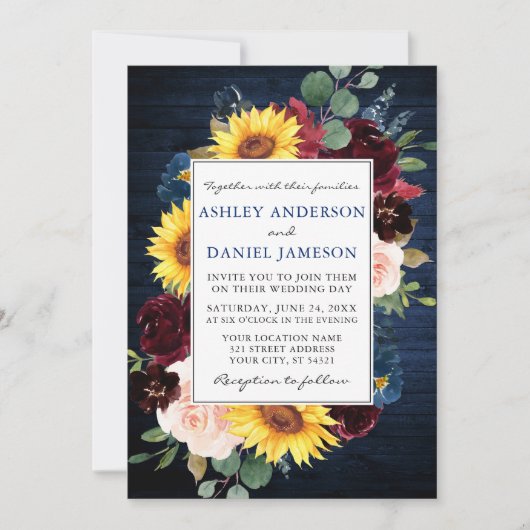 Invitation Bois rustique Mixte Mariage Floral Frame Bleu (Devant)