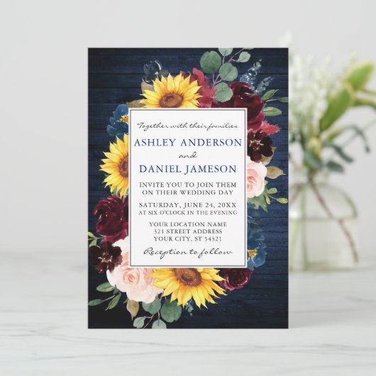 Invitation Bois rustique Mixte Mariage Floral Frame Bleu (Debout devant)