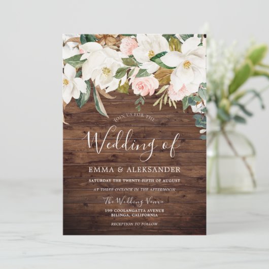 Invitation Bois rustique Moderne Blush & Fleurs Blanches Mari (Debout devant)