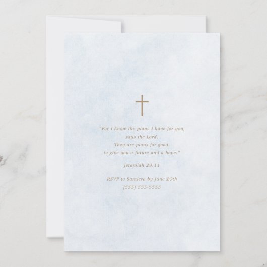 Invitation Bois Rustique Moderne Élégant Écriture Bleue Baptê (Dos)