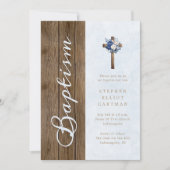Invitation Bois rustique Moderne Élégant Script Baptême Bleu (Devant)