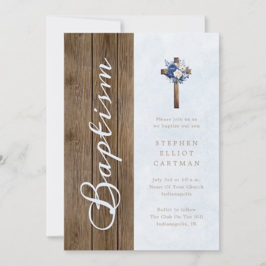 Invitation Bois rustique Moderne Élégant Script Baptême Bleu (Devant)