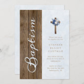 Invitation Bois rustique Moderne Élégant Script Baptême Bleu (Devant / Derrière)