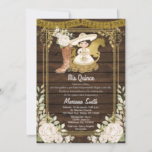 Invitation Bois Rustique Or Mexicain Charro Miss Quince  (Devant)