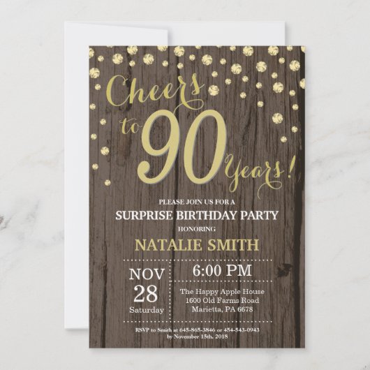 Invitation Bois Rustique Or Surprise 90e Anniversaire Diamant (Devant)