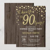 Invitation Bois Rustique Or Surprise 90e Anniversaire Diamant (Devant / Derrière)