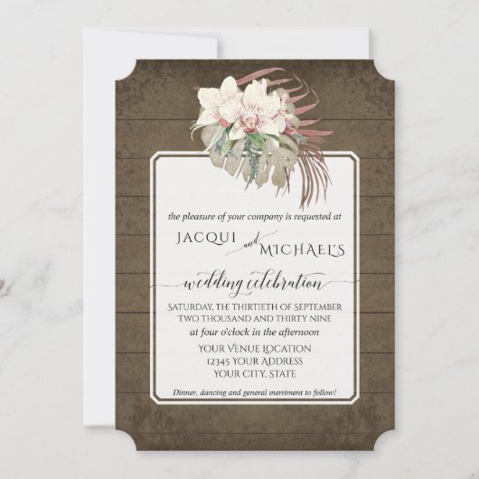 Invitation Bois rustique Orchidée blanche Floral Feuillage tr (Devant)