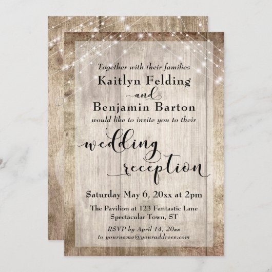 Invitation Bois rustique pâle et lumières Réception de mariag (Devant / Derrière)