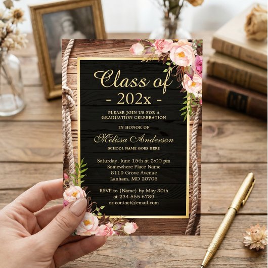 Invitation Bois rustique Pays Style Floral Graduation