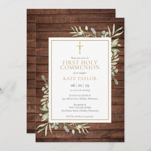 Invitation Bois rustique Pays Verdure Première Communion sain (Devant / Derrière)