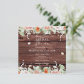 Invitation Bois rustique & Pêche Carré floral Fête des mariée (Debout devant)