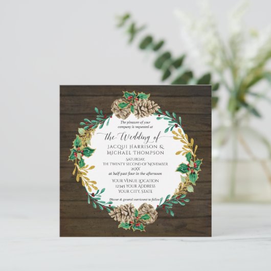 Invitation Bois rustique Pine de Noël Cône vert Mariage (Debout devant)